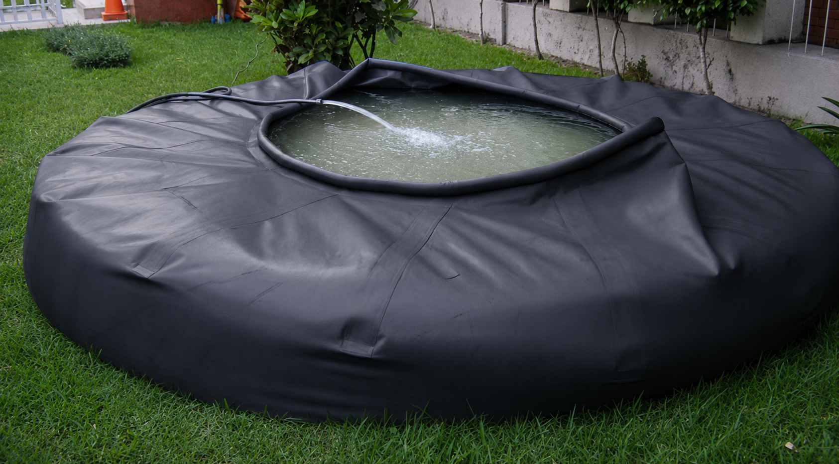 Tanque autosoportable negro en jardín residencial