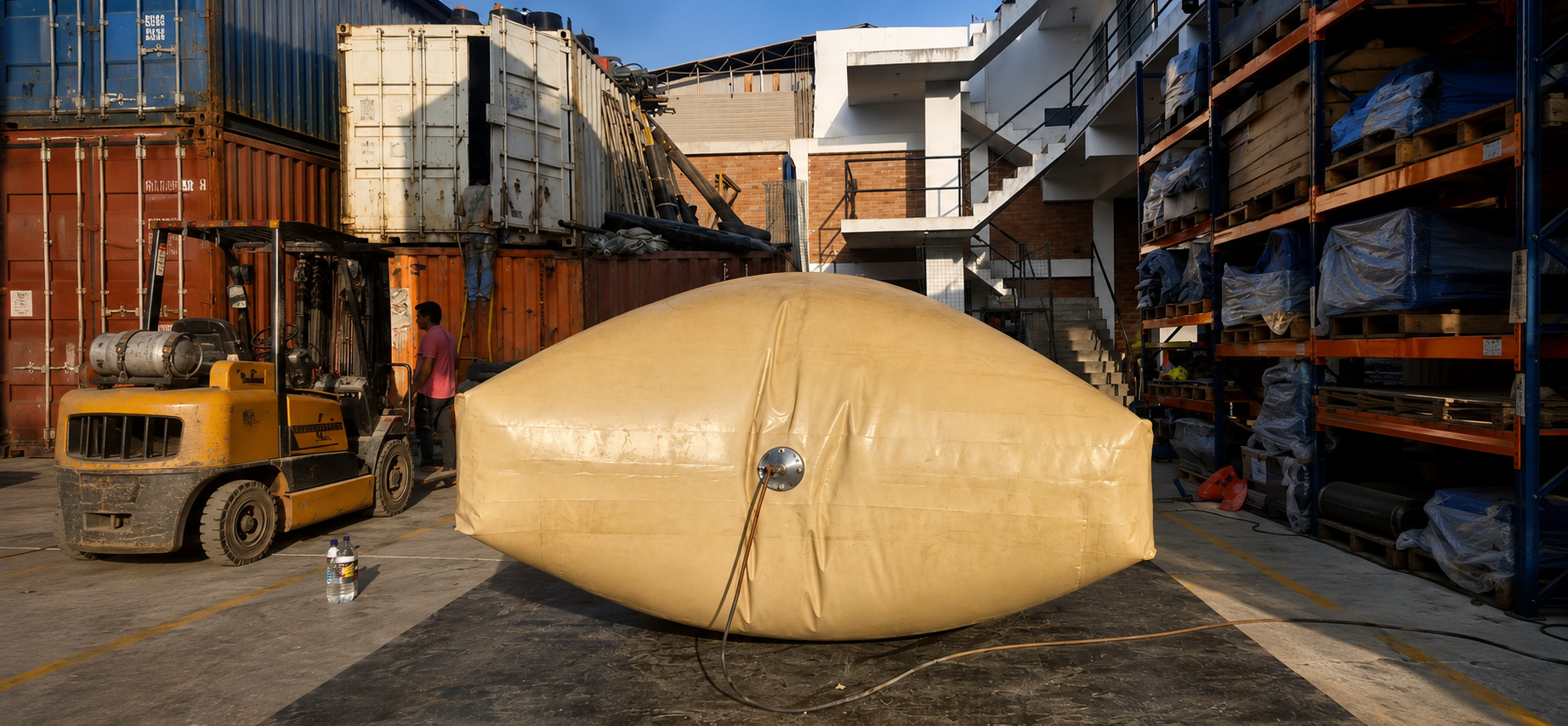 Flexitanque beige de gran capacidad instalado